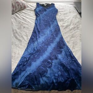 Vintage 90s Blue Floral Rayon Maxi Slip Dress Small Fairycore Whimsigoth Vamp